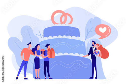 Bride and groom at wedding party and guests with gifts at big cake. Wedding party planning, bridal party ideas, bridesmaid dresses and gowns concept. Pinkish coral bluevector isolated illustration