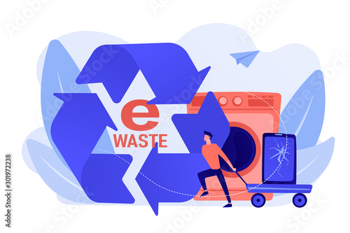Businessman taking old smartphone in cart to electronic waste recycling. E-waste reduction, electronics trade-in programs, gadgets recycling concept.Pinkish coral bluevector isolated illustration