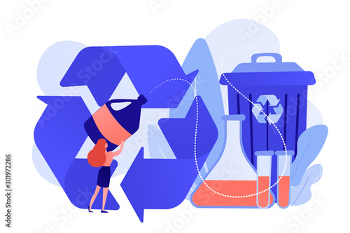 Businesswoman recycling plastic detergent bottle to produce chemicals. Chemical recycling, plastics recycling method, polymeric wastes reuse concept. Pinkish coral bluevector isolated illustration