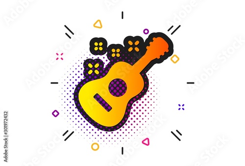 Music sign. Halftone circles pattern. Acoustic guitar icon. Musical instrument symbol. Classic flat guitar icon. Vector