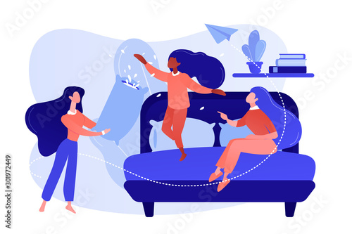 Happy tiny people female teens pillow fight in bedroom at slumber party. Pajama party, friends sleepover, slumber night party concept. Pinkish coral bluevector isolated illustration
