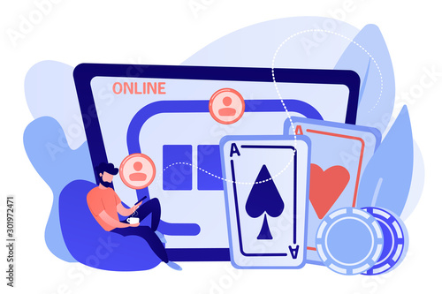 Businessman with smartphone playing poker online and casino table with cards and chips. Online poker, internet gambling, online casino rooms concept. Pinkish coral bluevector isolated illustration