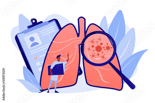 Huge magnifier showing cancer in the lungs and doctor with document folder. Lung cancer, trachea and bronchus concept on white background. Pinkish coral bluevector vector isolated illustration