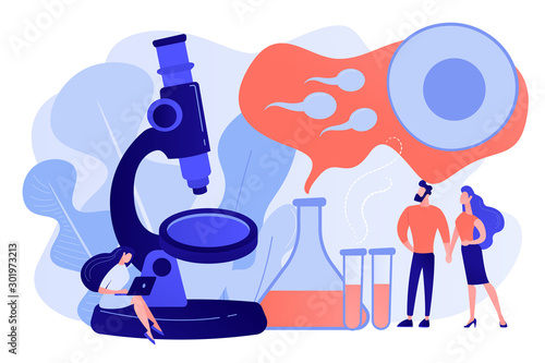 Scientist on microscope working on infertility treatment for couple. Infertility, female infertility causes, sterility medical treatment concept. Pinkish coral bluevector vector isolated illustration