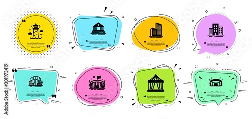 Arena stadium, Lighthouse and Buildings line icons set. Chat bubbles with quotes. Sports stadium, Court building and Circus tent signs. Skyscraper buildings, Arena symbols. Vector