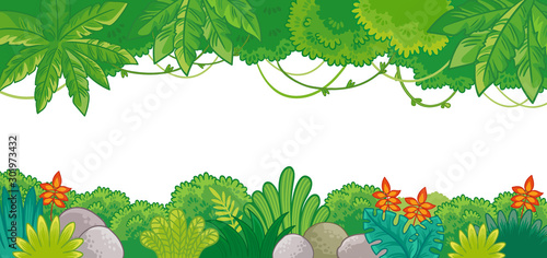 Vector background on jungle theme in cartoon style. Illustration with plants.