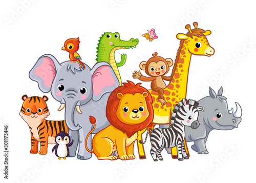 Vector illustration with african animals on a white background. Cute animals in cartoon style © svaga