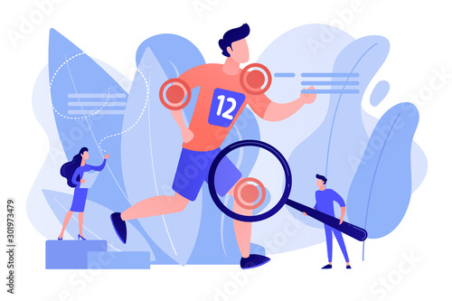 Athlete running and tiny people physicians treating injuries. Sports medicine, sports medical services, sports physician specialist concept. Pinkish coral bluevector vector isolated illustration