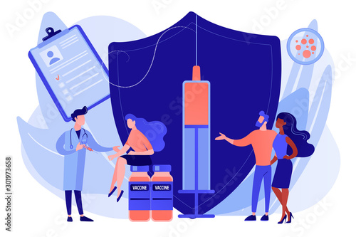 Woman getting flu shot. Contagious disease prevention. Vaccination of adults, adult immunization schedule, vaccine preventable diseases concept. Pinkish coral bluevector vector isolated illustration