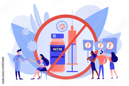 Anti-vaccination protest, people rejecting preventive medicine. Vaccine refusal, mandatory immunization, vaccination hesitancy concept. Pinkish coral bluevector vector isolated illustration
