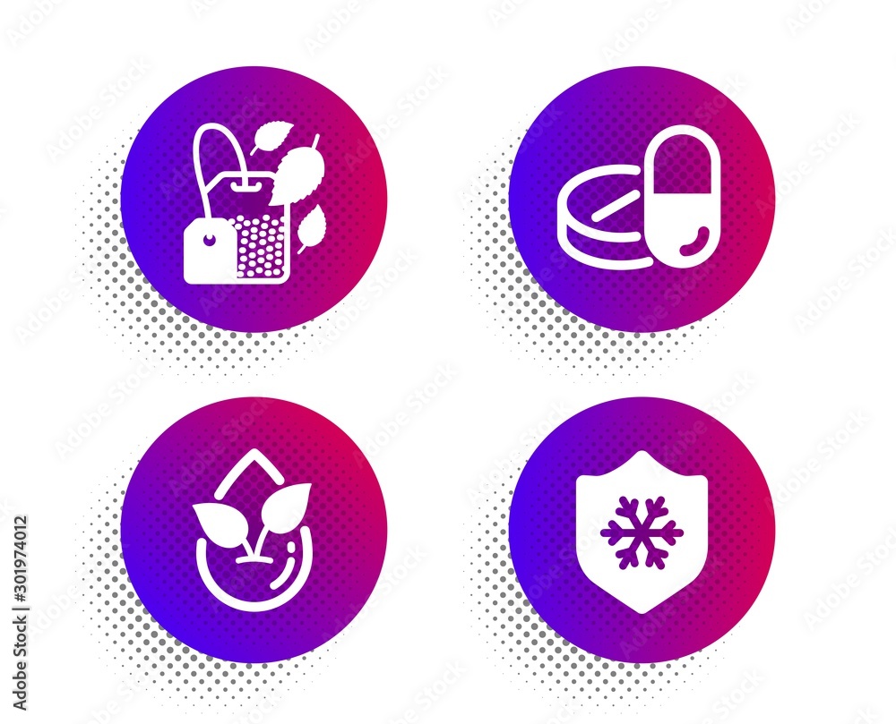Organic product, Mint bag and Medical drugs icons simple set. Halftone dots button. Clean skin sign. Leaf, Mentha tea, Medicine pills. Cold protect. Healthcare set. Vector Organic product, Mint bag and Medical drugs icons simple set. Halftone dots button. Clean skin sign. Leaf, Mentha tea, Medicine pills. Cold protect. Healthcare set. Vector