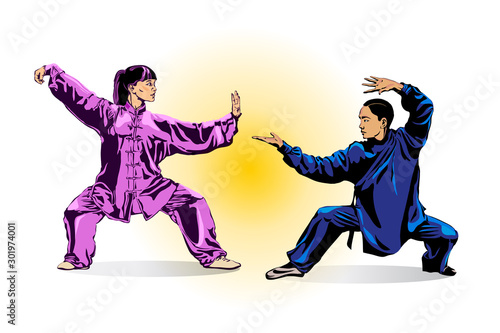 A man and a woman in a kimono showing martial stance Wushu. Wushu kung fu training. Vector illustration.