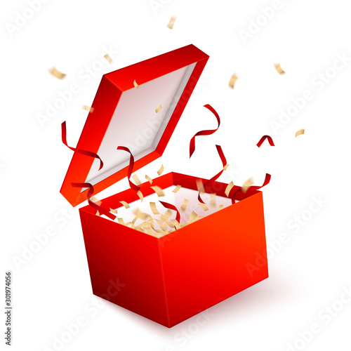 Vector open red gift box with confetti and ribbons