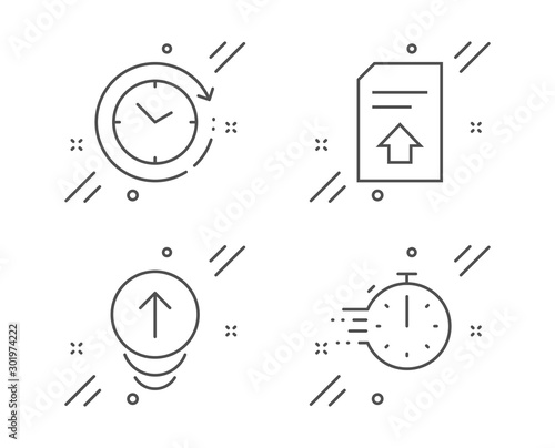 Upload file, Time change and Swipe up line icons set. Cooking timer sign. Load document, Clock, Scrolling page. Stopwatch. Technology set. Line upload file outline icon. Vector