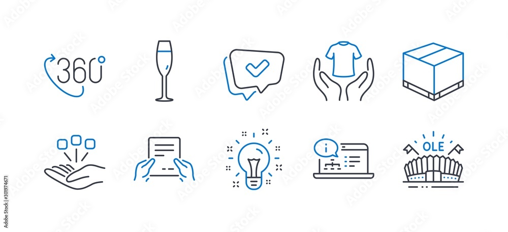 Set of Business icons, such as Online documentation, Champagne glass, Hold t-shirt, Delivery box, Idea, Approved, 360 degree, Consolidation, Receive file, Sports arena line icons. Vector Set of Business icons, such as Online documentation, Champagne glass, Hold t-shirt, Delivery box, Idea, Approved, 360 degree, Consolidation, Receive file, Sports arena line icons. Vector
