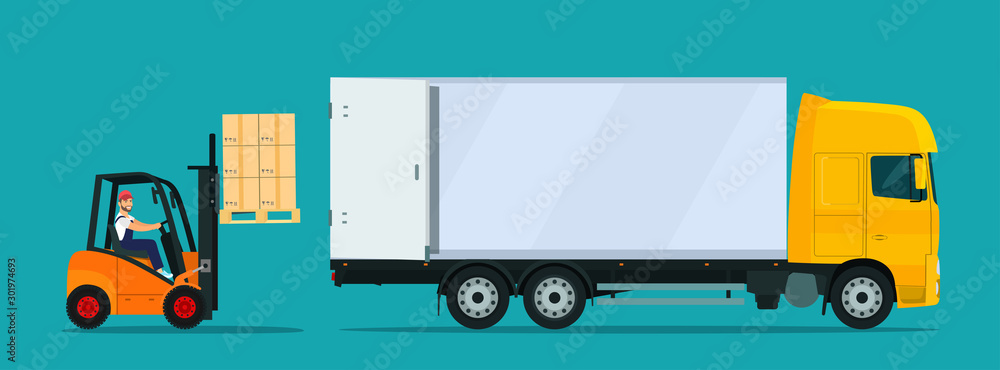 Forklift truck loading. Vector flat style illustration. - obrazy, fototapety, plakaty 