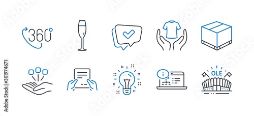 Set of Business icons, such as Online documentation, Champagne glass, Hold t-shirt, Delivery box, Idea, Approved, 360 degree, Consolidation, Receive file, Sports arena line icons. Vector