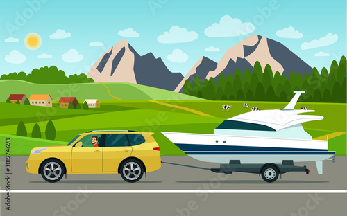 SUV car with a driver tows a trailer with a boat on a landscape background. Vector flat style illustration.