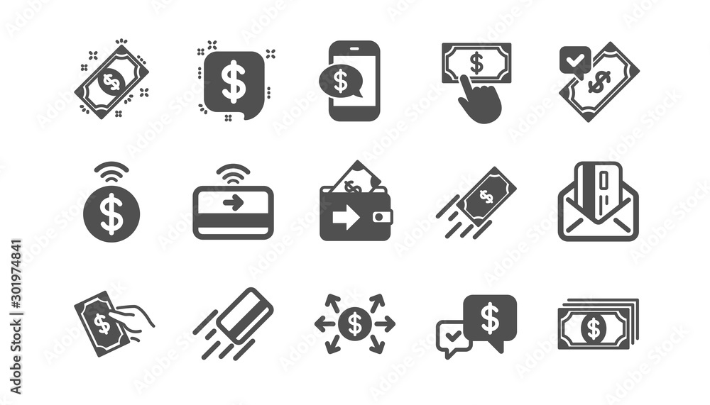 Fototapeta premium Money payment icons. Accept transfer, Pay by Phone and Credit card. Cash classic icon set. Quality set. Vector
