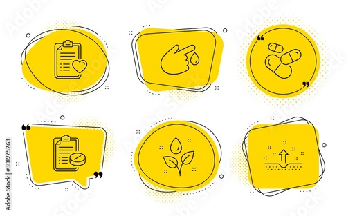 Medical prescription, Plants watering and Clean skin signs. Chat bubbles. Patient history, Capsule pill and Blood donation line icons set. Medical survey, Medicine drugs, Injury. Water drop. Vector