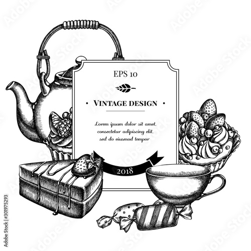 Badge design with black and white candies, cupcake, teapots, cups, cake, cake