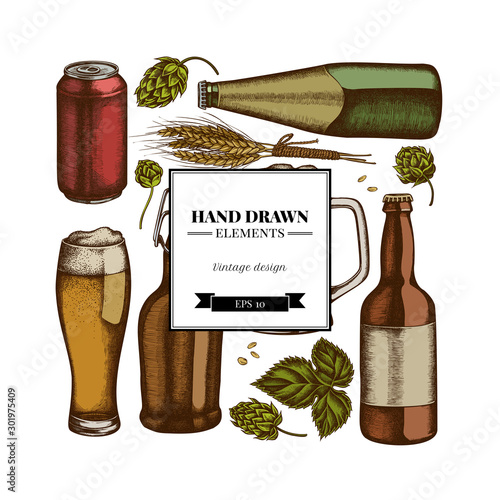 Square design with colored rye, hop, mug of beer, bottles of beer, aluminum can