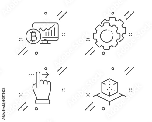 Bitcoin chart, Touchscreen gesture and Settings gears line icons set. Augmented reality sign. Cryptocurrency statistics, Slide right, Technology process. Virtual reality. Technology set. Vector