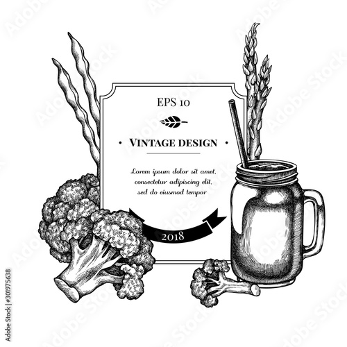 Badge design with black and white broccoli, green beans, smothie jars