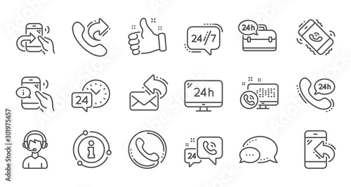 Processing line icons. Call center, Support and Chat message. 24 hour service linear icon set Quality line set. Vector