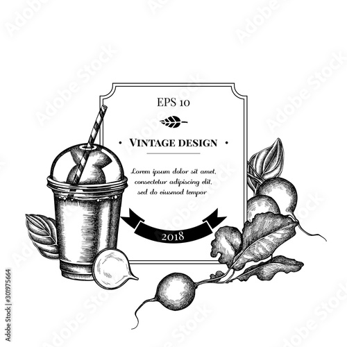 Badge design with black and white radish, greenery, basil, smoothie cup