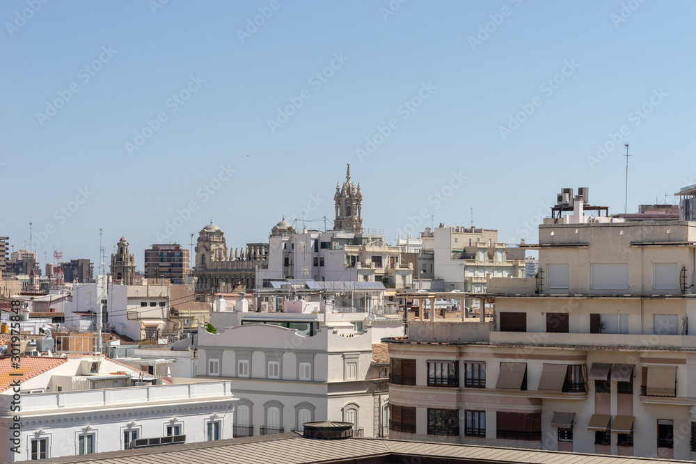 Aerial view over the roofs. Cityscape of historical city center of Valencia, Spain.