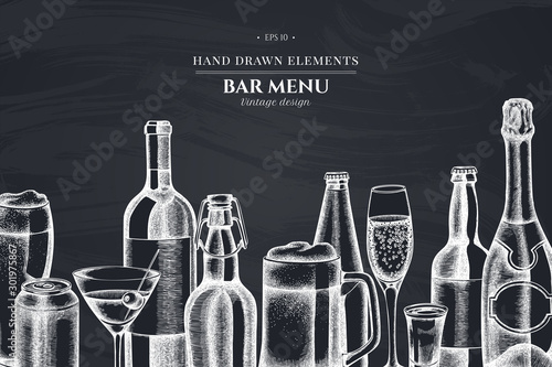 Design with chalk glass, champagne, mug of beer, alcohol shot, bottles of beer, bottle of wine, glass of champagne, glass of wine, glass of martini, aluminum can