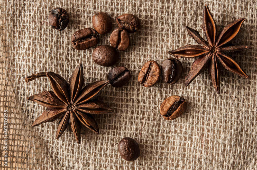 Roasted coffee beans and spice badian on a background of burlap. Roasted coffee beans and spice badian on a background of burlap.