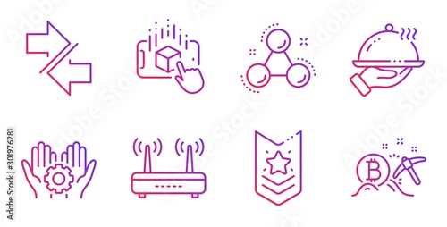 Chemistry molecule, Synchronize and Restaurant food line icons set. Wifi, Employee hand and Augmented reality signs. Shoulder strap, Bitcoin mining symbols. Gradient chemistry molecule icon. Vector