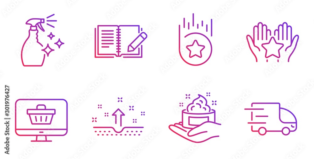 Clean skin, Skin care and Feedback line icons set. Web shop, Loyalty star and Ranking signs. Washing cleanser, Truck delivery symbols. Cosmetics, Hand cream. Gradient clean skin icon. Vector Clean skin, Skin care and Feedback line icons set. Web shop, Loyalty star and Ranking signs. Washing cleanser, Truck delivery symbols. Cosmetics, Hand cream. Gradient clean skin icon. Vector