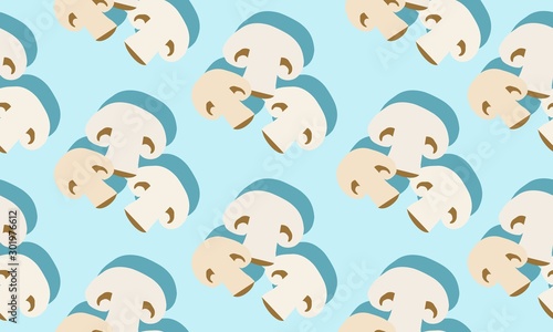 Seamless blue background with slice mushrooms with shadow. Vector  illustration design with vegetables for template.