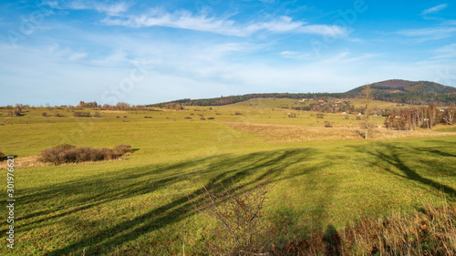 Panoramic view of fields near Unislaw slaski, and Rybnicy lesnej. Autum sunny weather, vivid colors.