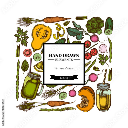 Square design with colored lemons, broccoli, radish, green beans, cherry tomatoes, beet, greenery, carrot, basil, pumpkin, smoothie cup, smothie jars, cucumber, celery