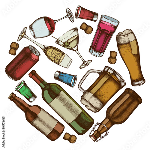 Round design with colored glass, champagne, mug of beer, alcohol shot, bottles of beer, bottle of wine, glass of champagne, glass of wine, glass of martini, aluminum can