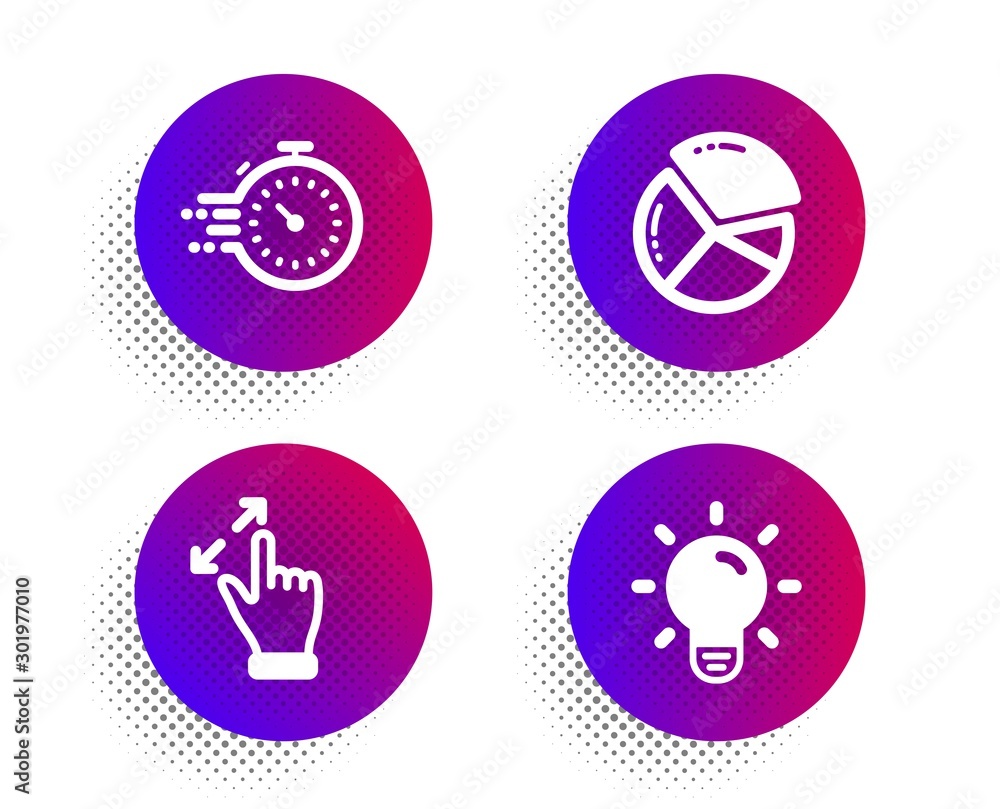 Timer, Pie chart and Touchscreen gesture icons simple set. Halftone dots button. Light bulb sign. Deadline management, Presentation graph, Zoom in. Lamp energy. Technology set. Vector Timer, Pie chart and Touchscreen gesture icons simple set. Halftone dots button. Light bulb sign. Deadline management, Presentation graph, Zoom in. Lamp energy. Technology set. Vector