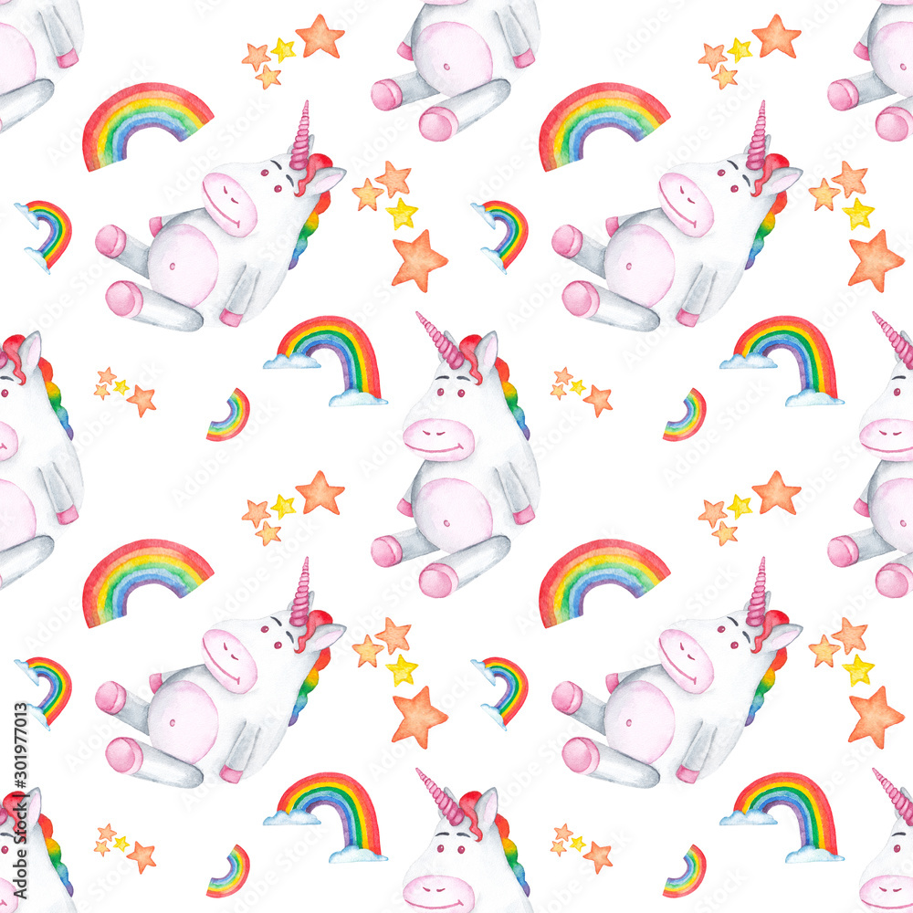 Seamless pattern. Unicorns with rainbow mane on white background. Hand drawn watercolor illustration. Seamless pattern. Unicorns with rainbow mane on white background. Hand drawn watercolor illustration.