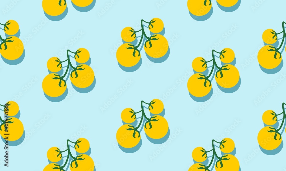 Seamless blue background with yellow cherry tomatoes with shadow. Vector  illustration design with vegetables for template.