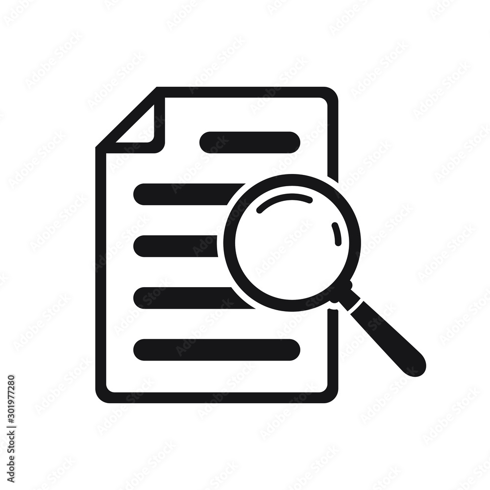File search icon, document search, vector isolated. Document with magnifier loupe business concept. File search icon, document search, vector isolated. Document with magnifier loupe business concept.