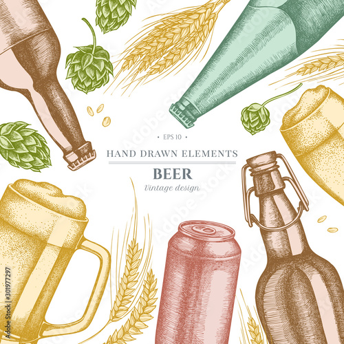 Design with pastel rye, hop, mug of beer, bottles of beer, aluminum can