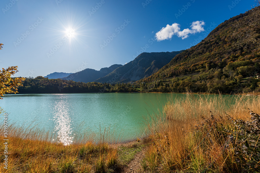 Lago di Tenno, small and beautiful lake in Italian Alps, Trento province, Trentino-Alto Adige, Italy, Europe