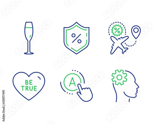 Ab testing, Be true and Flight sale line icons set. Champagne glass, Loan percent and Engineering signs. A test, Love sweetheart, Travel discount. Winery. Line ab testing outline icons. Vector