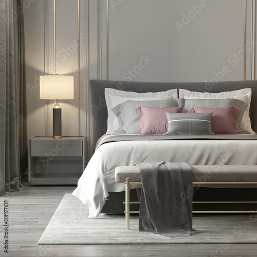Grey bedroom interior with luxury lamps and a stool	