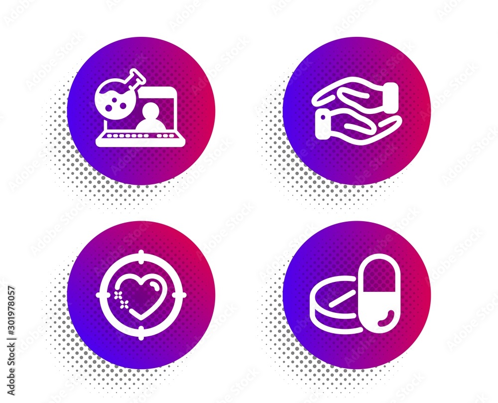 Helping hand, Heart target and Online chemistry icons simple set. Halftone dots button. Medical drugs sign. Charity palm, Love aim, Lab flask. Medicine pills. Business set. Vector