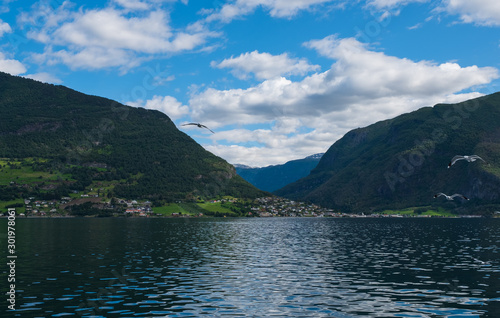 The village of Aurlandsvangen at the coast of the Sogne fjord Aurlands fjord at Norway. July 2019 © Сергій Вовк