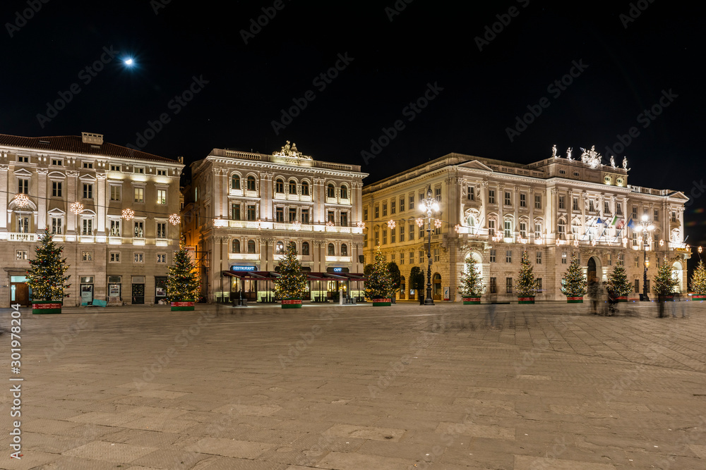 Piazza Unità d'Italia at night. Mood lighting in Trieste. Italy